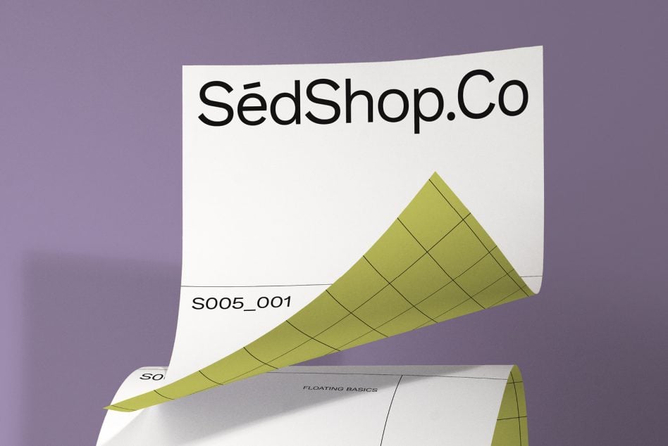 SedShop.Co tri-fold brochure front cover with floating layout mockup